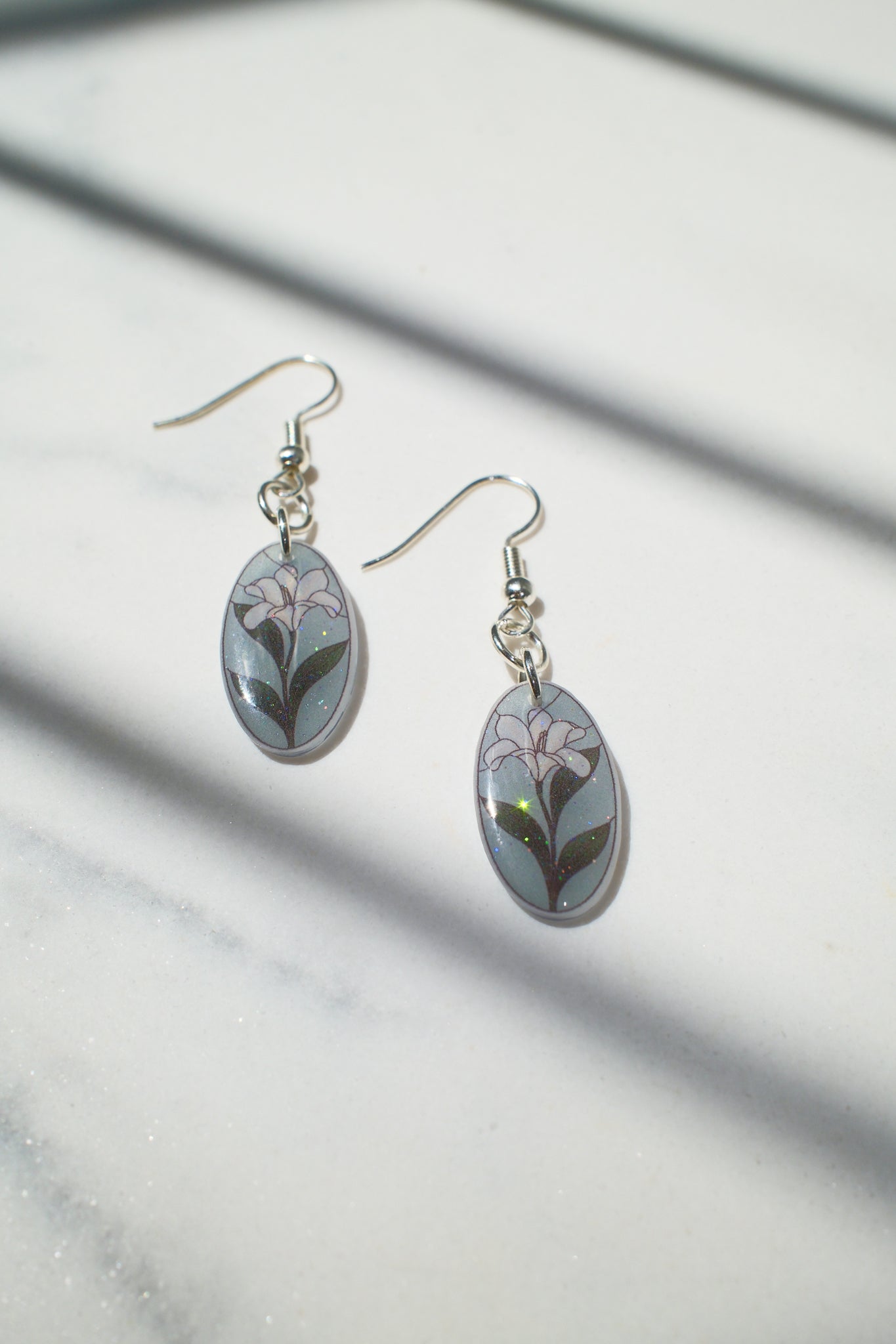 Blue Floral Oval Drop Earrings