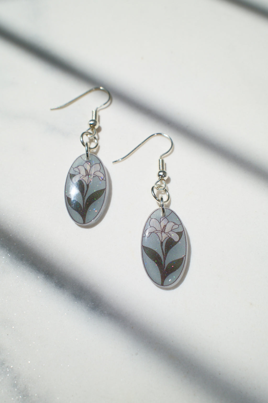 Blue Floral Oval Drop Earrings