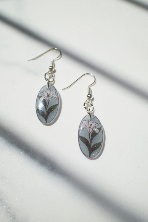 Blue Floral Oval Drop Earrings