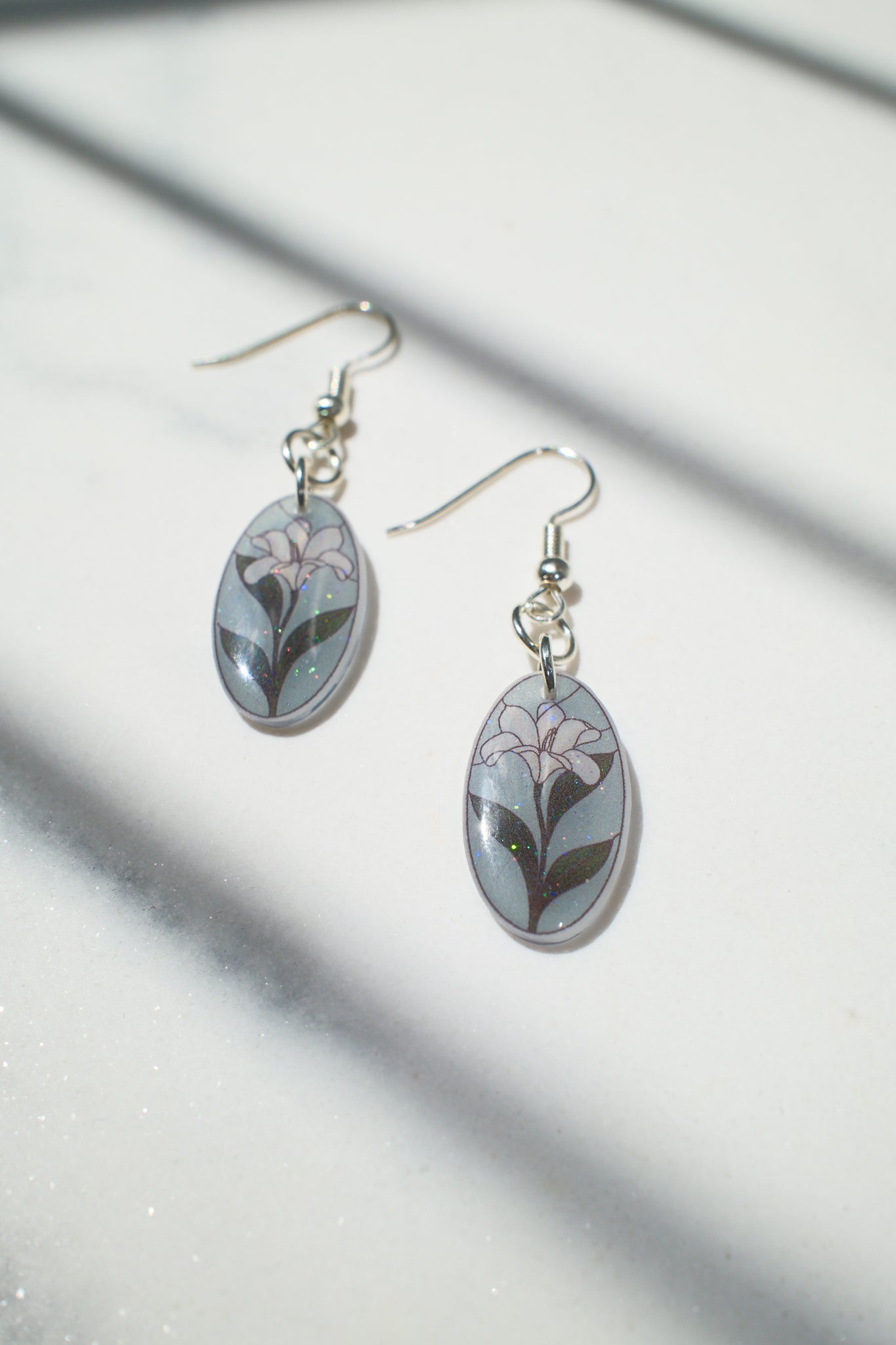 Blue Floral Oval Drop Earrings