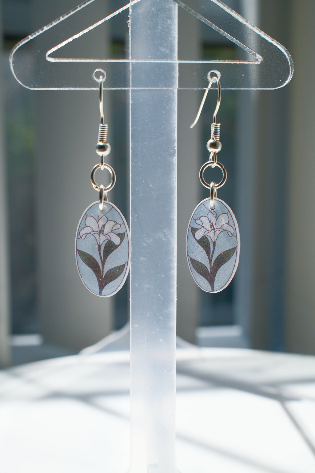 Blue Floral Oval Drop Earrings