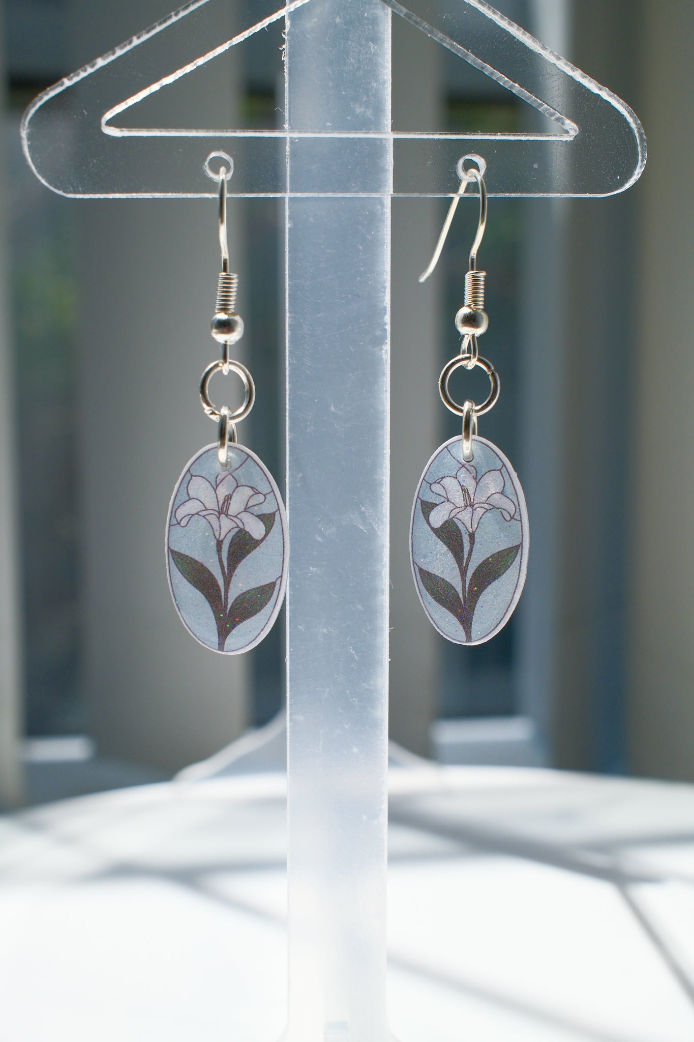 Blue Floral Oval Drop Earrings