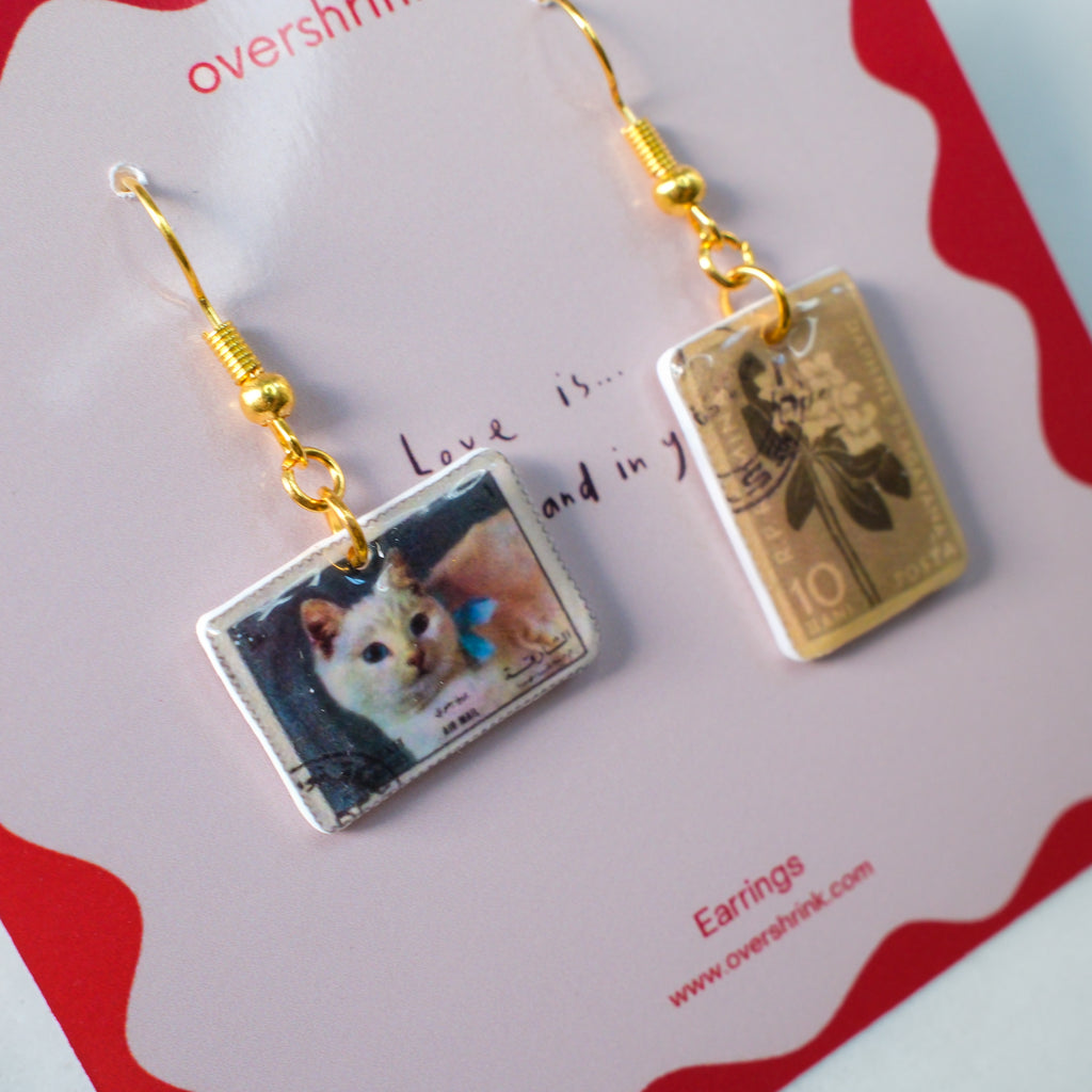 Vintage Stamp Mismatched Earrings – Cat & Botanical