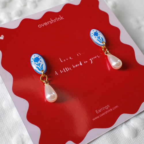 Blue Floral Oval & Pearl Drop Earrings