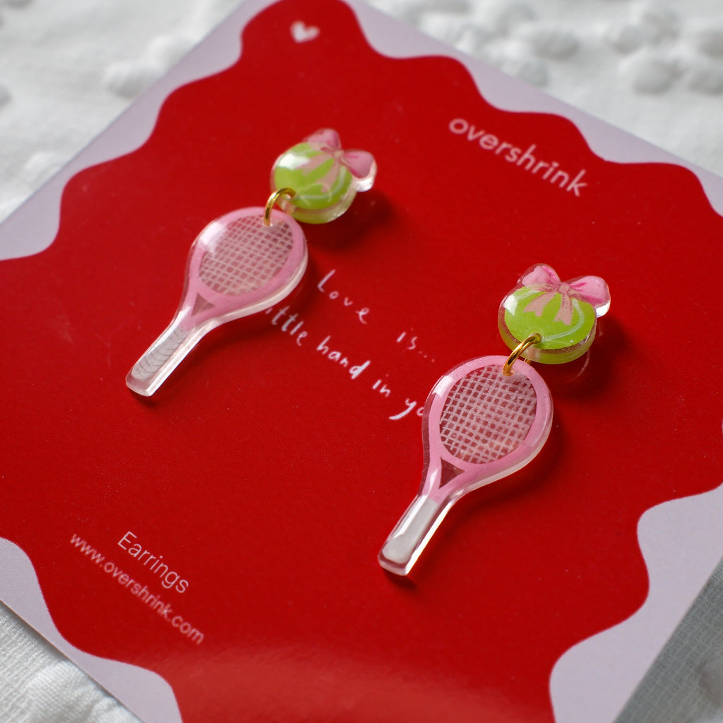 Pink Tennis Racket & Bow Ball Earrings