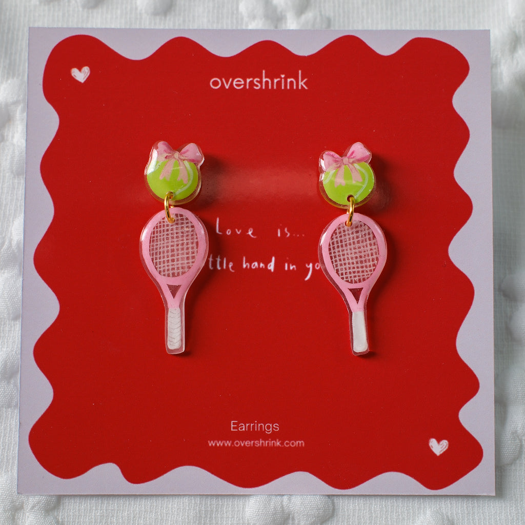 Pink Tennis Racket & Bow Ball Earrings