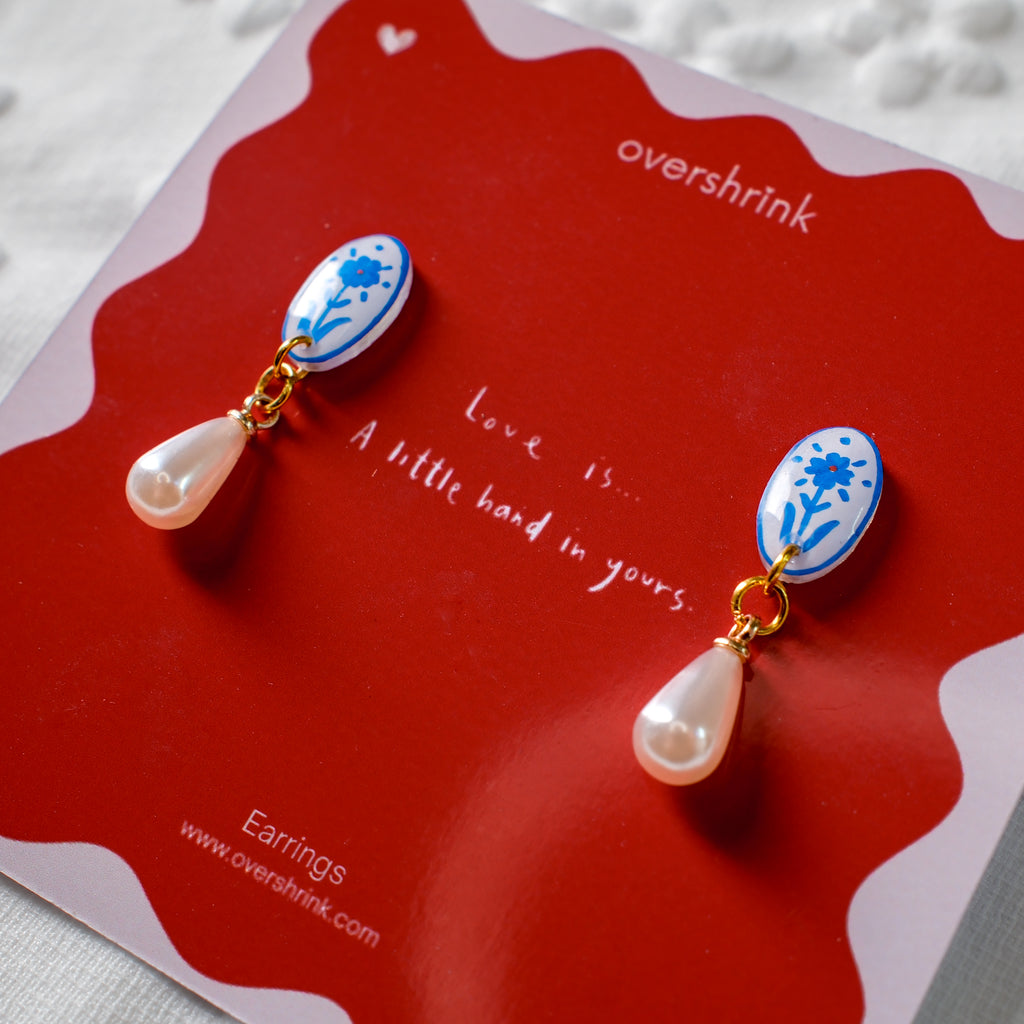 Blue Floral Oval & Pearl Drop Earrings