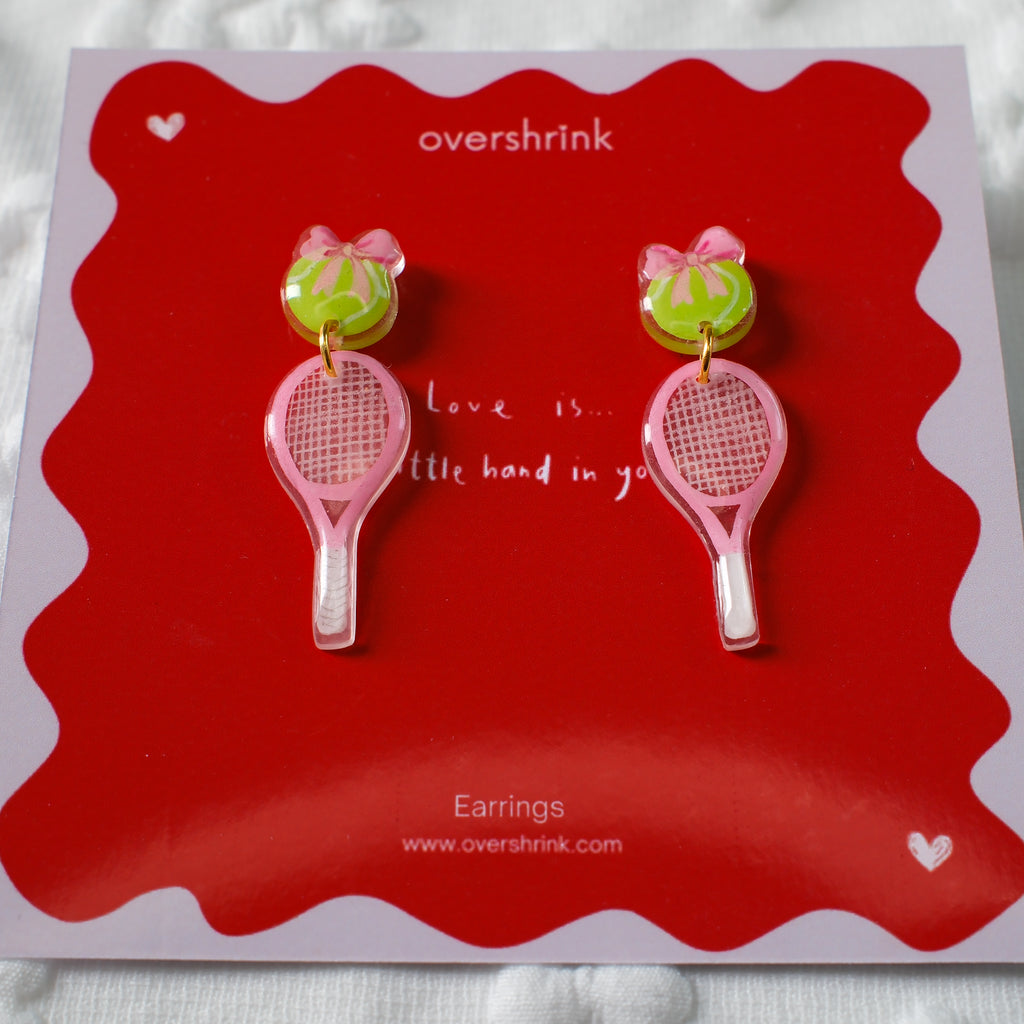 Pink Tennis Racket & Bow Ball Earrings