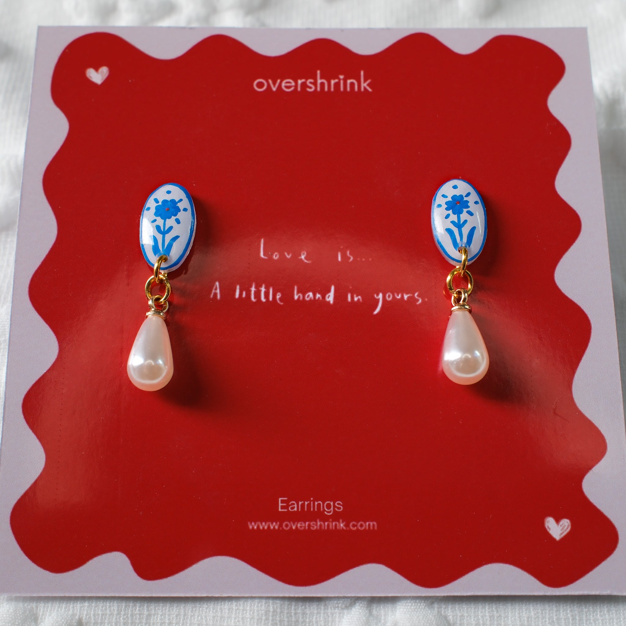 Blue Floral Oval & Pearl Drop Earrings